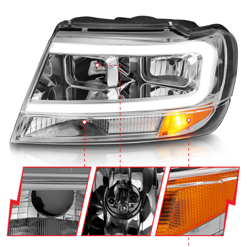 ANZO 1999–2004 Jeep Grand Cherokee Kristallscheinwerfer mit Lichtleiste, Chromgehäuse