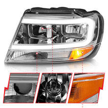 Laden Sie das Bild in den Galerie-Viewer, ANZO 1999–2004 Jeep Grand Cherokee Kristallscheinwerfer mit Lichtleiste, Chromgehäuse