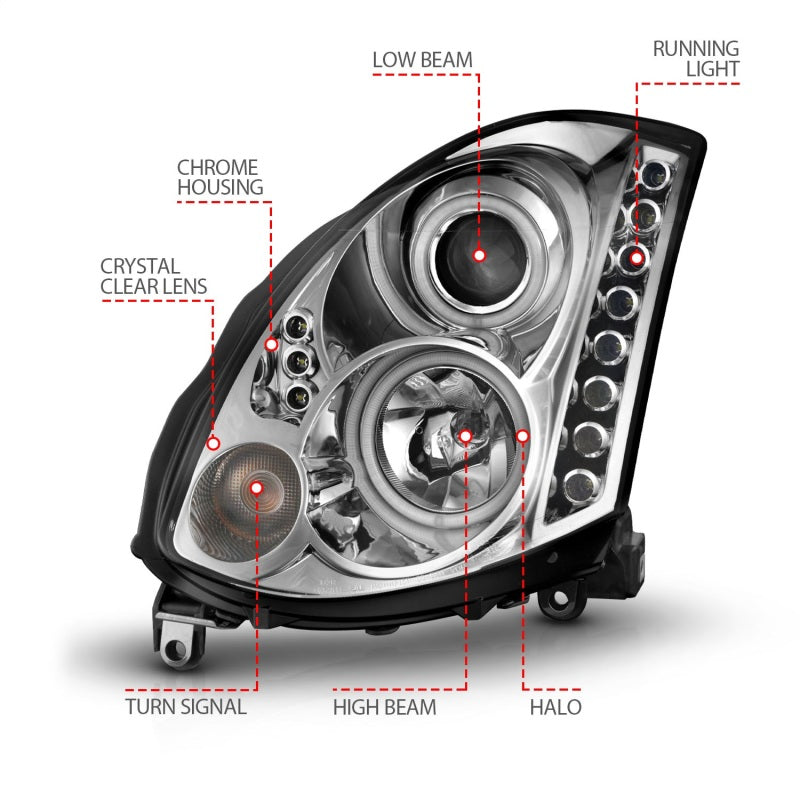 ANZO 2003–2007 Infiniti G35 Projektor-Scheinwerfer mit Halo-Chrom (CCFL) (HID-kompatibel)