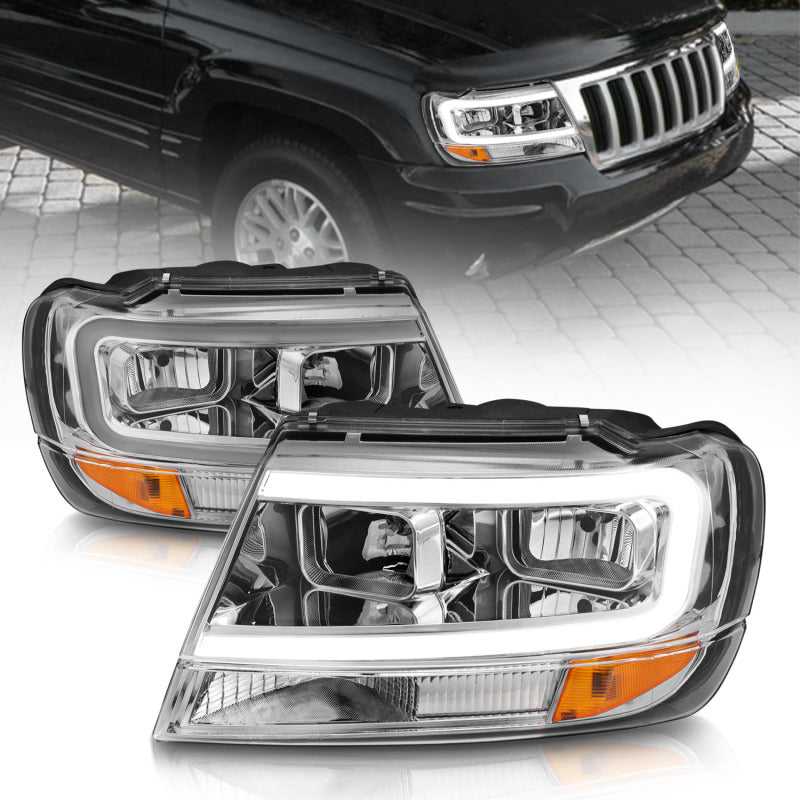 ANZO 1999–2004 Jeep Grand Cherokee Kristallscheinwerfer mit Lichtleiste, Chromgehäuse