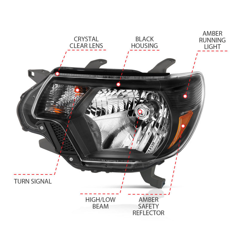 ANZO 2012-2015 Toyota Tacoma Crystal Faros delanteros negros